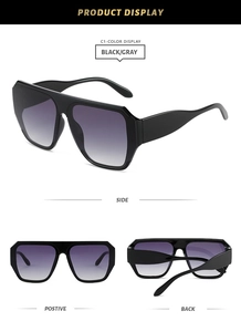 Three-angle product display of large frame square sunglasses with black frame and gradient lens