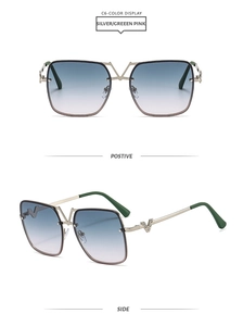 Detail of silver square metal sunglasses with V-shaped crystal accents and gradient lenses