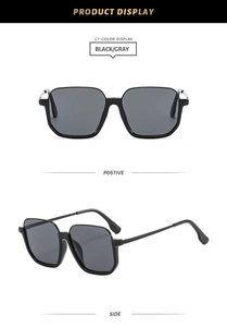 Detailed front and side view of black square frame sunglasses with dark gray lenses