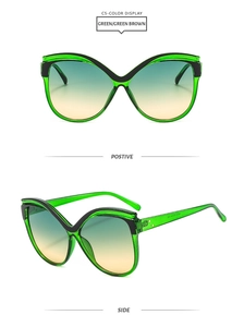 Vue détaillée des lunettes de soleil œil de chat avec monture verte et détails noirs