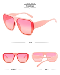 Pink oversized square sunglasses with gradient lenses shown in side and front views
