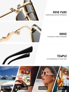 Macro details of square metal sunglasses featuring V-shaped diamonds and luxury hinges