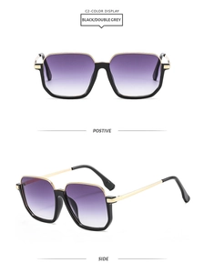 Detail view of square black and gold sunglasses with purple gradient lenses from two angles
