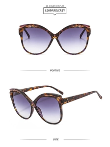 Détail de lunettes de soleil œil de chat léopard avec verres dégradés violets C6
