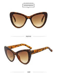 Vues détaillées de lunettes œil de chat léopard avec verres dégradés marron et métal