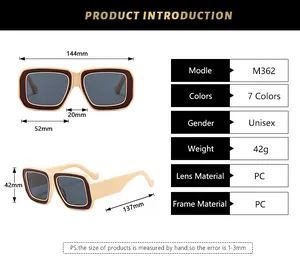 Tableau des tailles détaillé pour lunettes de soleil carrées avec spécifications de PC