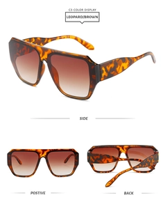 Three-way view of oversized leopard print square sunglasses with brown gradient lenses