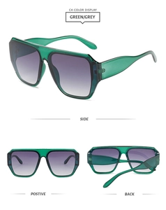 Three-view detail of transparent green frame sunglasses with grey gradient lenses
