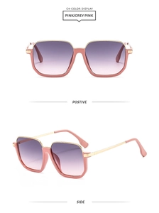 Detailed front and side view of square pink frame sunglasses with purple gradient lenses