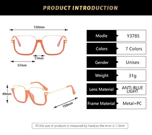 Detailed size chart and specifications for blue light blocking metal eyeglasses frame
