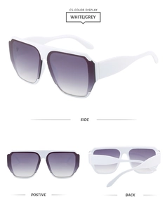 Multi-angle views of white rectangular oversized sunglasses with purple gradient lenses