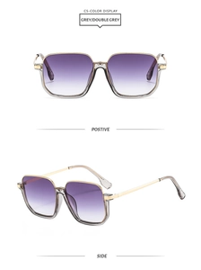 Detail view of square sunglasses with grey transparent frame and gradient purple lenses