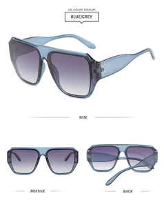 Three-angle view of oversized square sunglasses with blue frames and grey gradient lenses
