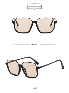Front and side view of square black sunglasses with champagne lenses on white background