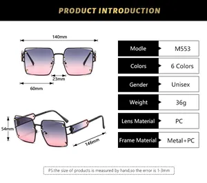 Detailed size chart for unisex metal oversized sunglasses with 140mm frame width