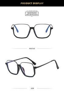 Detail view of black full-rim square anti-blue light glasses frames from multiple angles