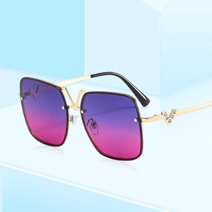 Luxurious square metal sunglasses with purple gradient lenses and V-shaped diamond accents