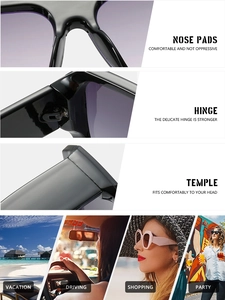 Detail view of reinforced hinges and nose pads on stylish square oversized sunglasses
