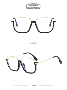 Detail view of gold black metal optical frames with anti-blue light functional lenses