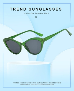 Detailed view of green transparent cat eye sunglasses showing UV400 protection lens