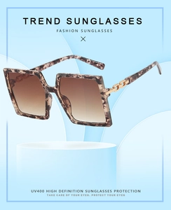 Detail of square tortoiseshell sunglasses with gold chain temples and UV400 lenses