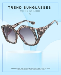 Detail of oversized leopard print irregular sunglasses with UV400 and hollowed temples
