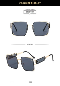Detailed views of gold square metal sunglasses with grey lenses and hollowed temples
