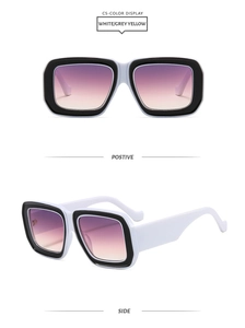 Détail de lunettes de soleil carrées blanches avec des verres dégradés violet et jaune