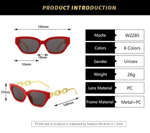 Detailed size chart for square chain sunglasses showing frame width and lens measurements