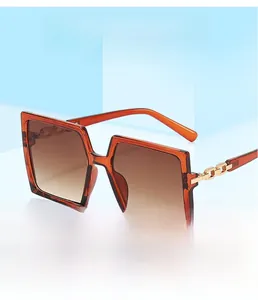 Detail of amber tortoiseshell frame with golden metal chain temple on square sunglasses
