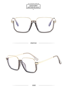 Detail of gold grey anti-blue light glasses with metal temples and polygonal resin frames