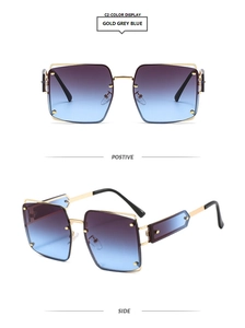 Detail view of square gold metal sunglasses with blue-grey gradient lenses from two angles