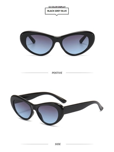 Vues détaillées de face et de profil de lunettes de soleil œil-de-chat noires à verres dégradés