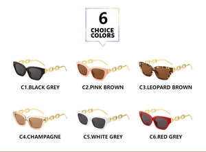 Six assorted colors of hip hop cat eye sunglasses with gold chain temples design