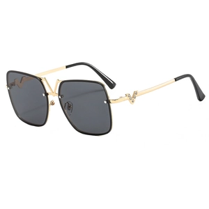 Fashion square metal sunglasses with dark gray lenses and V-shaped crystal accents