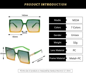 Detailed size chart for oversized square sunglasses with dimensions and material specs