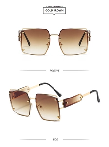 Detail view of Gold Brown square sunglasses with slim metal frames and gradient lenses