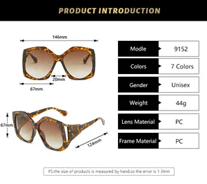 Size chart showing 146mm width and dimensions for these oversized geometric sunglasses