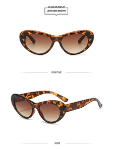 Vues de face et de côté de lunettes œil de chat léopard avec verres dégradés marron