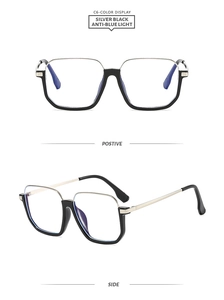 Detail view of silver black square metal optical frames with anti-blue light lenses