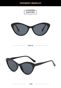 Detailed views of black cat-eye sunglasses with grey lenses from front and side angles