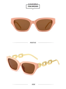 Detailed front and side view of pink cat-eye sunglasses with gold metal chain temples