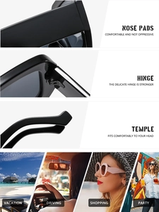 Vue détaillée des lunettes de soleil carrées noires avec charnières en métal et branches ergonomiques