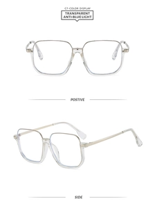 Detail of transparent large frame glasses with slim metal temples and anti-blue light lens