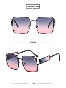 Close-up of square metal frame sunglasses with grey to pink gradient lenses and geometric arms