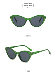 Close-up of translucent green cat-eye sunglasses with grey lenses from multiple angles