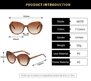 Detailed dimension guide for oversized tortoiseshell sunglasses with PC frame and gradient lenses