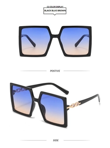Square oversized sunglasses with black frame and gold chain temple detail from two angles