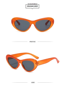 Vue détaillée des lunettes œil de chat orange avec spécifications du modèle sur les branches