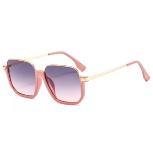 Fashionable pink square frame sunglasses with gold temples and gradient purple lenses